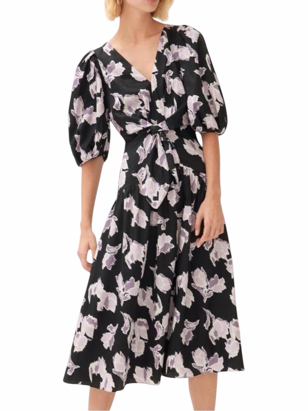 Rebecca Taylor Ikat Tie Front Midi Dress Black Purple Floral 14 NWT